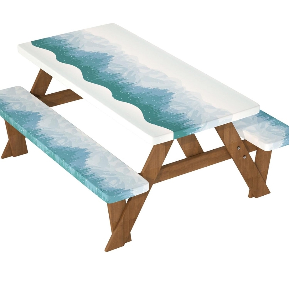 VELWAY Blue + White Mountains Picnic Table Cover With Bench Covers 72in X 30in
